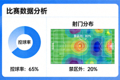 比赛数据分析图表画面，展示控球率与射门分布