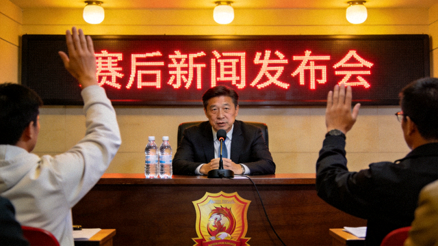 赛后采访现场画面，主教练在新闻发布会上发言